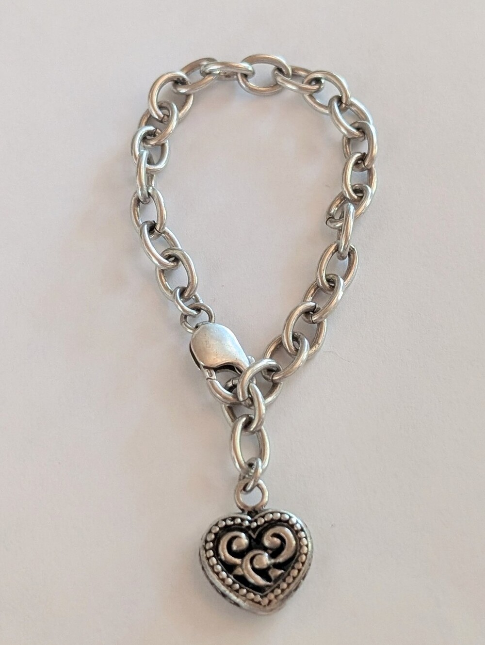 Vintage Heavy Sterling Silver 3D Filigree Heart Charm 7.25" Bracelet 21 Grams